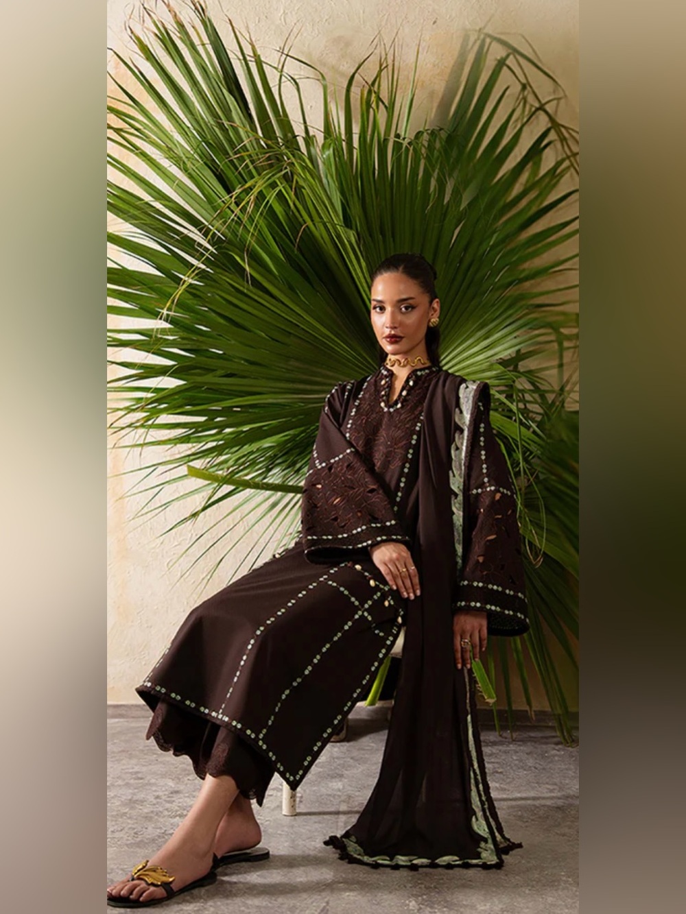 Embroidered Dark Brown Maxi Dress - Women's Long Sleeve - Picture 3 of 6